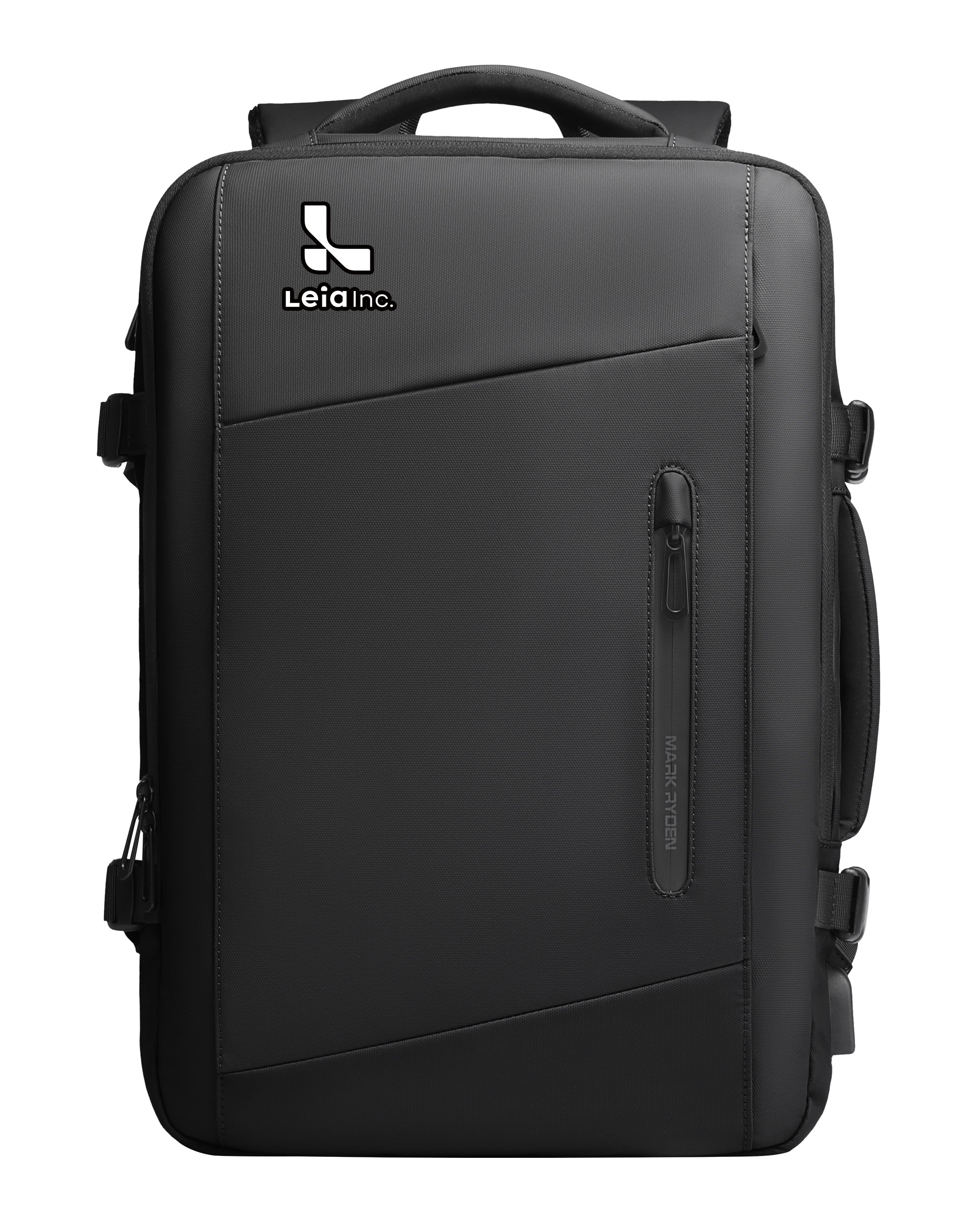 Black Mark Ryden anti-theft backpack with custom Leia Inc. logo – modern travel bag