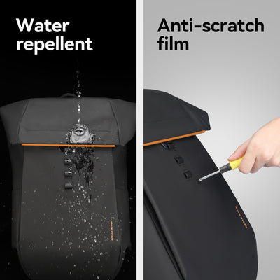 Black 28L multi-functional backpack with orange trim, demonstrating water repellent (water splashing) and anti-scratch film (screwdriver application)