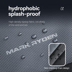 DynaPack laptop bag with hydrophobic splash-proof high-density ripstop fabric and non-marking chain design, water droplets on textured surface.