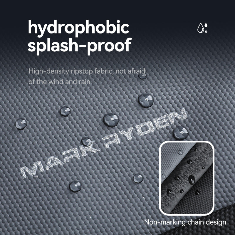 DynaPack laptop bag with hydrophobic splash-proof high-density ripstop fabric and non-marking chain design, water droplets on textured surface.