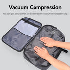 Mark Ryden Global anti-theft backpack with vacuum compression; hands demonstrate spacious interior