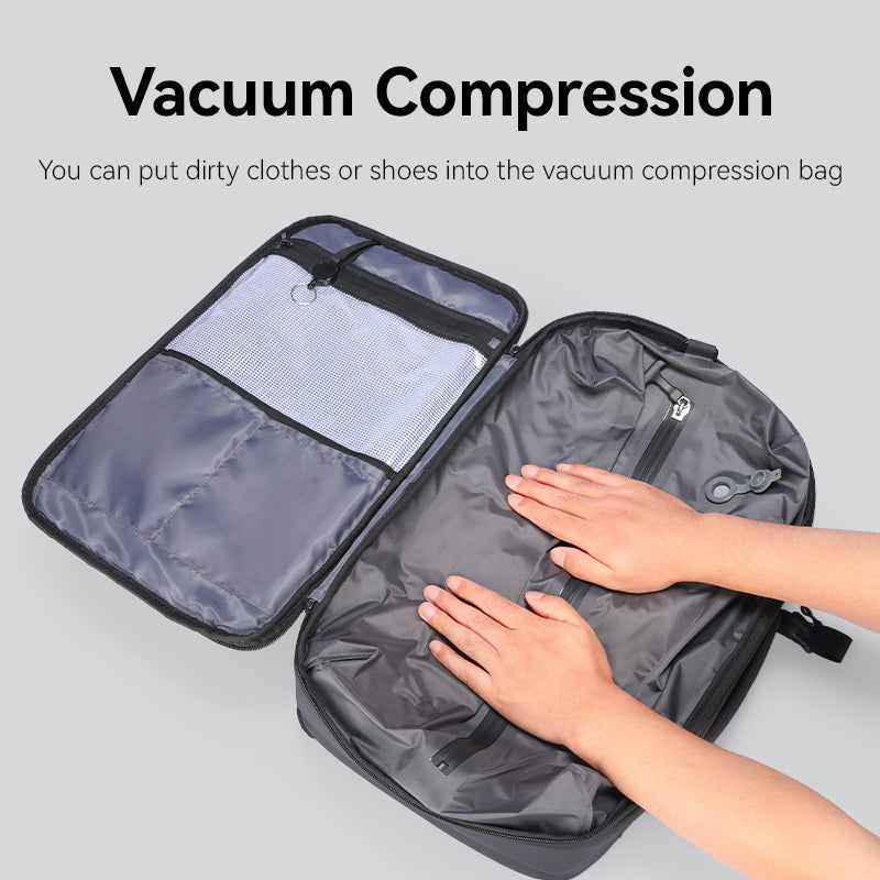 Mark Ryden Global anti-theft backpack with vacuum compression; hands demonstrate spacious interior