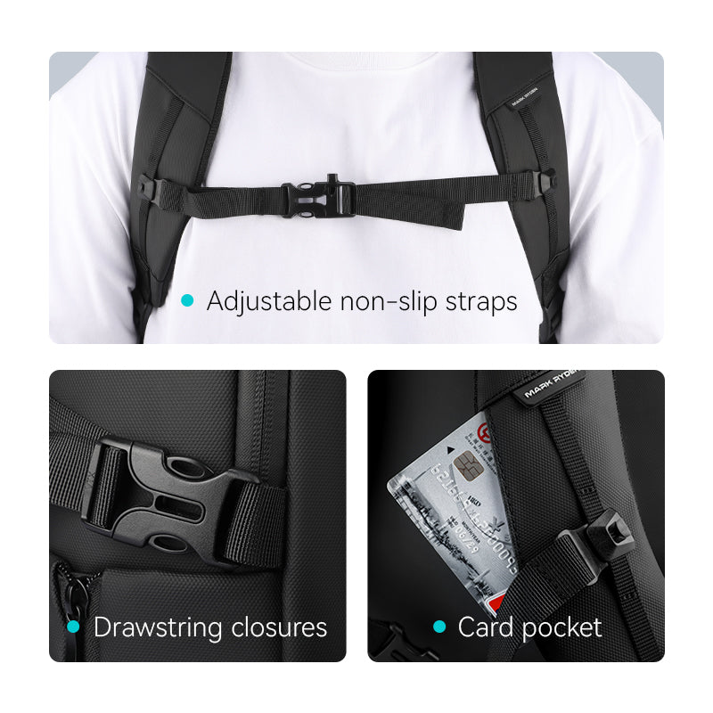 Mark Ryden black waterproof leather backpack with adjustable straps, drawstring closures, card pocket