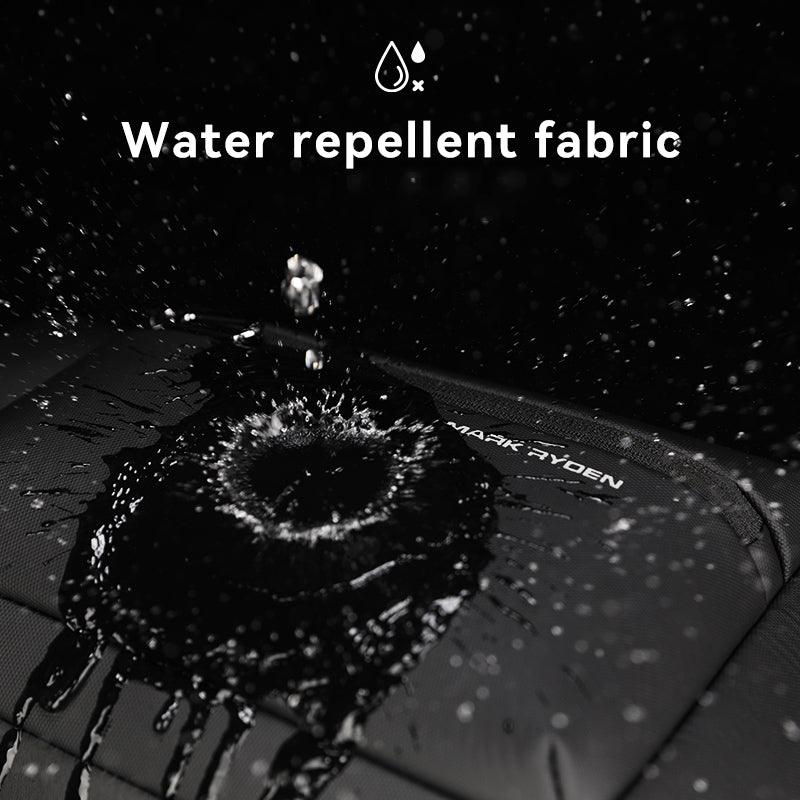 Black Mark Ryden Colonne high-capacity urban commuting daily crossbody bag with water repellent fabric, water splashing off surface.