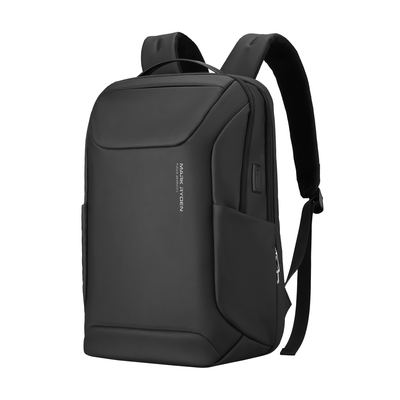 Eminence black leather waterproof backpack with multiple compartments and side USB port by Mark Ryden