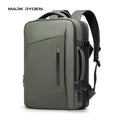 Olive green Mark Ryden Expandos versatile expandable laptop backpack with zippered front pocket, padded straps, and USB port for all-day travel.