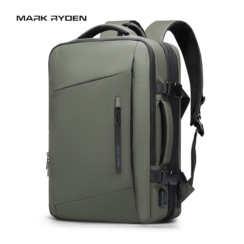 Olive green Mark Ryden Expandos versatile expandable laptop backpack with zippered front pocket, padded straps, and USB port for all-day travel.