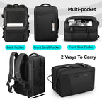 Black expandable laptop backpack with multi-pockets (back, front small, front side) and two carry options (backpack/briefcase) for all-day travel.