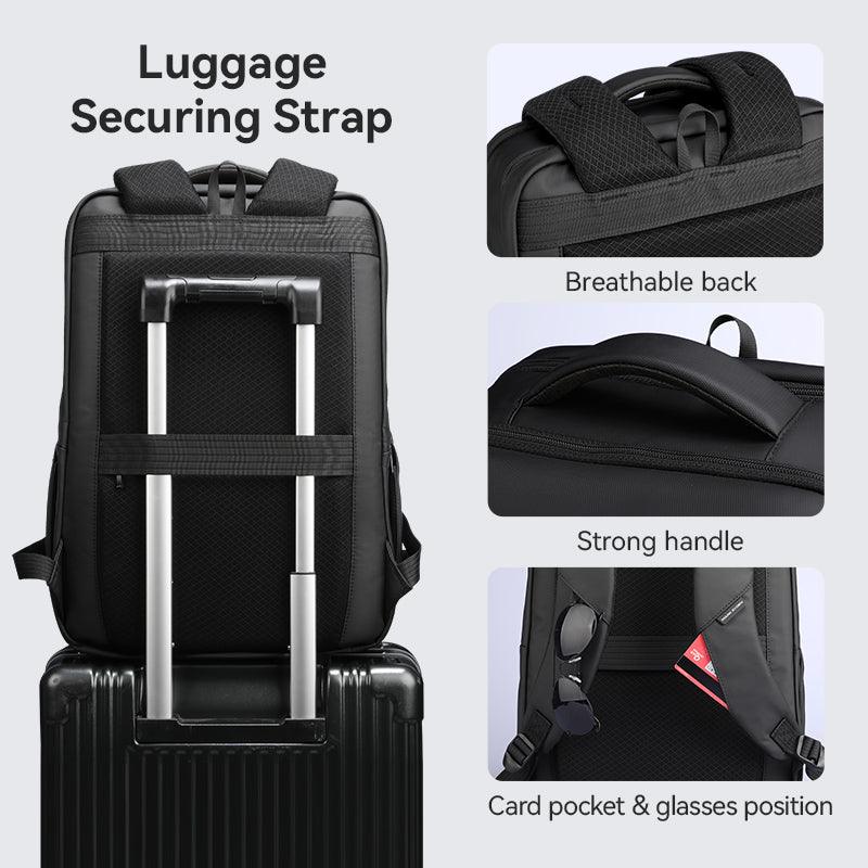 Black VenturePro Large Capacity Business Travel Backpack 23L with luggage securing strap, breathable back panel, strong top handle, and card pocket/glasses storage.