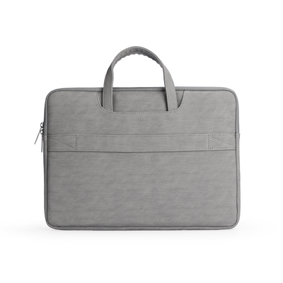 Gray business laptop bag with mature stable work style, dual handles, zippered closure, and front pocket with stitched details for 13.3-15.6 inch laptops.