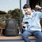 Softologic I water-repellent backpack with modern traveler using phone at Mark Ryden Global