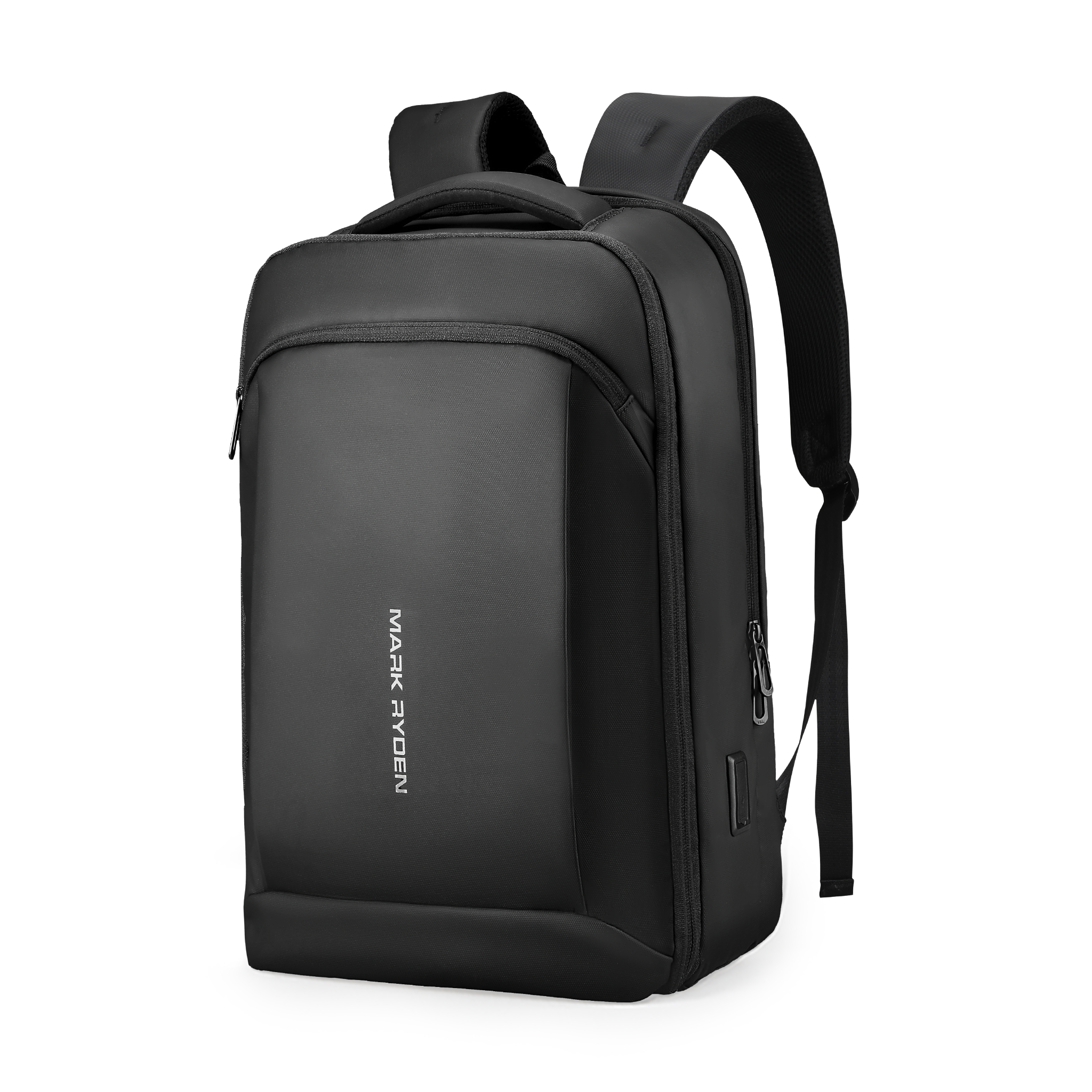Black Mark Ryden Slim II backpack: high-capacity, sleek design with multiple compartments and side USB port for travel and commuting.