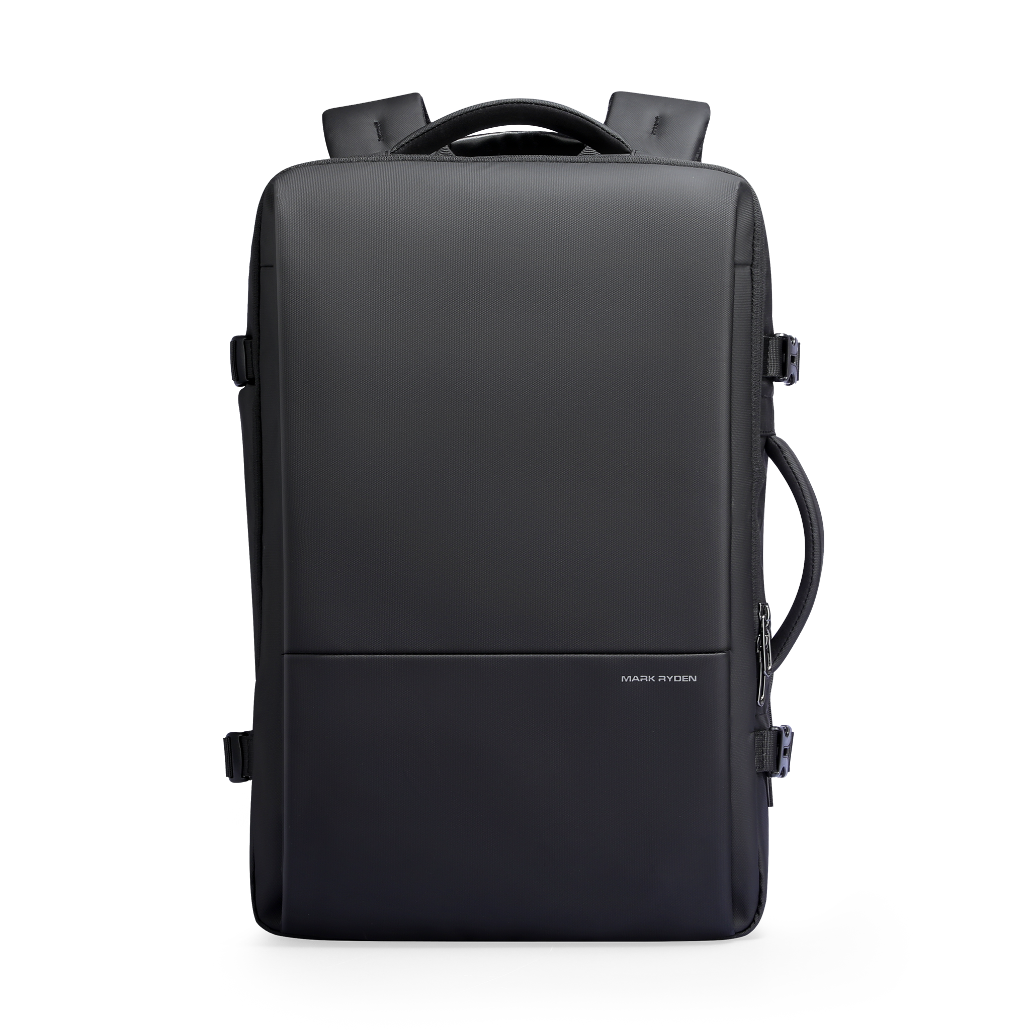 Black Mark Ryden 40L backpack with three-layer main pocket, top handle, and side pockets for business trips and college use.
