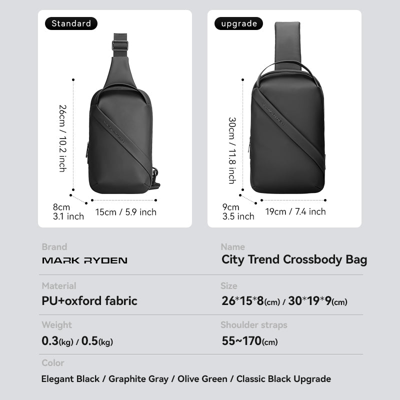 Mark Ryden Global waterproof black crossbody bag standard vs upgrade dimensions