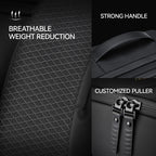 Black multi-functional large capacity backpack with breathable weight reduction mesh, strong handle, and customized pullers from Mark Ryden Global.