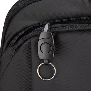 MarkRyden Global slim black backpack zipper pull with key ring attachment