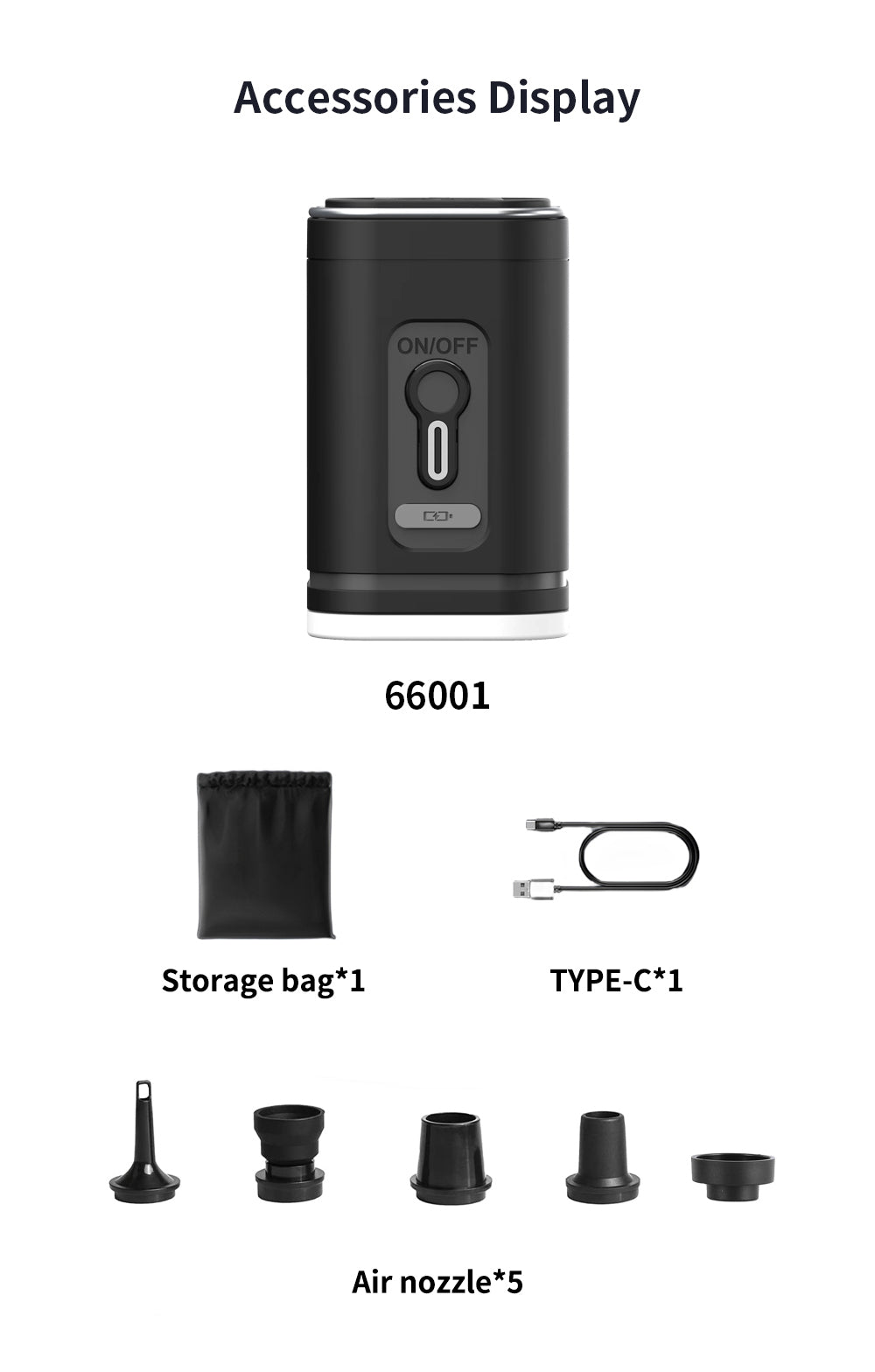Mark Ryden Global multifunctional product accessories: black device w/ON/OFF button + storage bag, USB cable, air nozzles