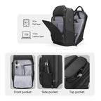 Black Compacto spacious versatile carry-on laptop backpack with open main compartment holding 17.3-inch laptop and 9.7-inch pad layers, front pocket, side umbrella pocket, top USB pocket.