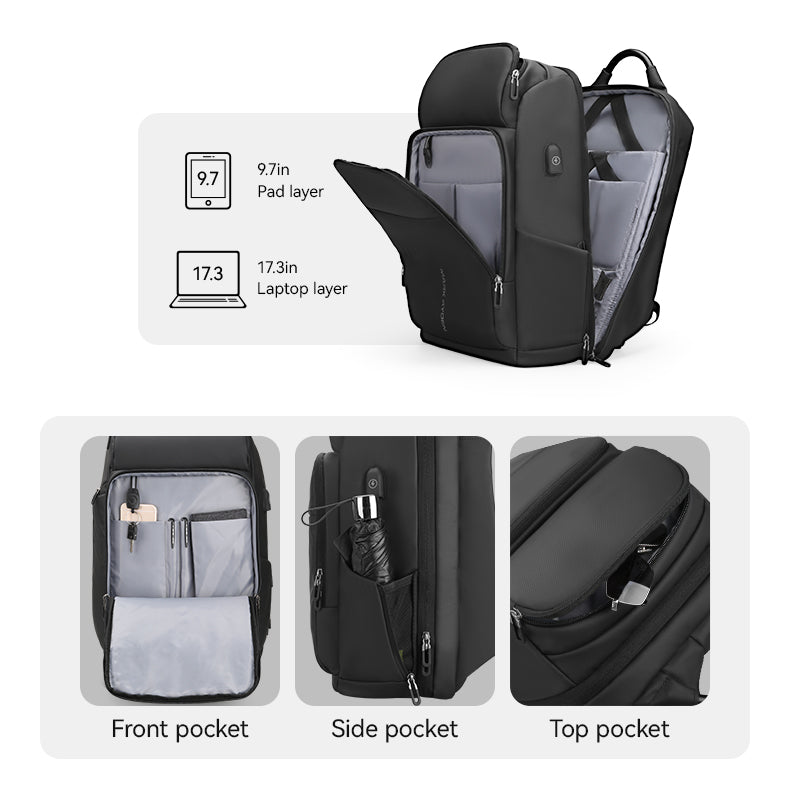 Black Compacto spacious versatile carry-on laptop backpack with open main compartment holding 17.3-inch laptop and 9.7-inch pad layers, front pocket, side umbrella pocket, top USB pocket.
