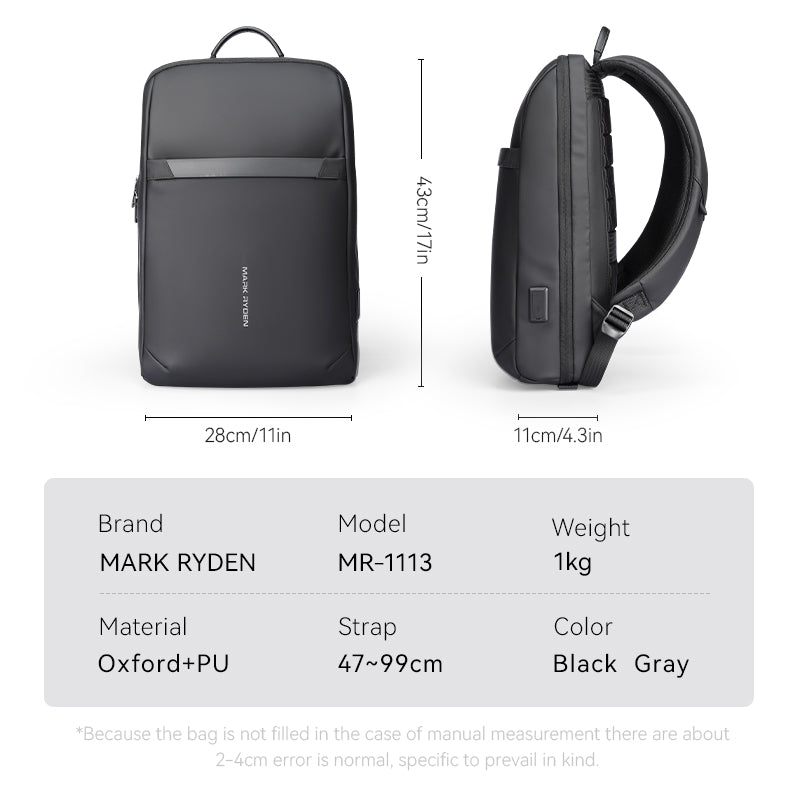 Mark Ryden Voyager Pro lightweight commuter backpack - black gray, compact design, Oxford+PU material