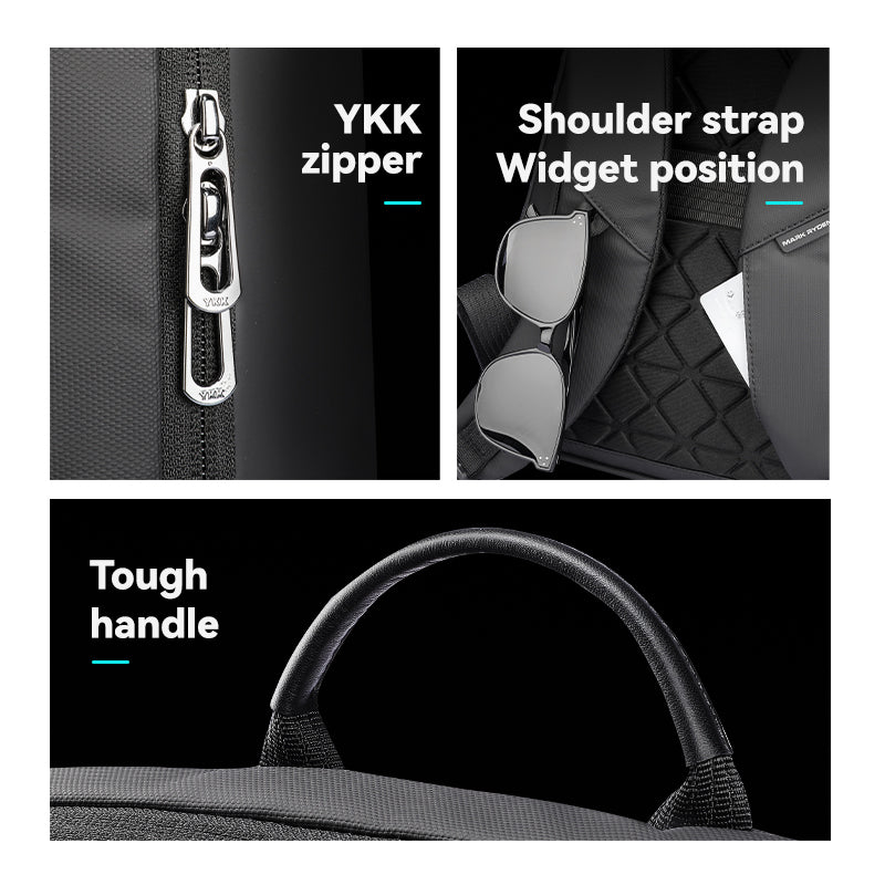 Mark Ryden Voyager Pro backpack - YKK zipper, shoulder strap with sunglasses, tough handle detail