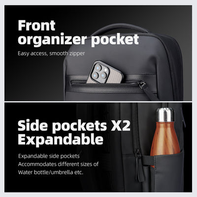 Mark Ryden Global UrbanFlex Lite backpack - front organizer pocket with phone, expandable side pockets