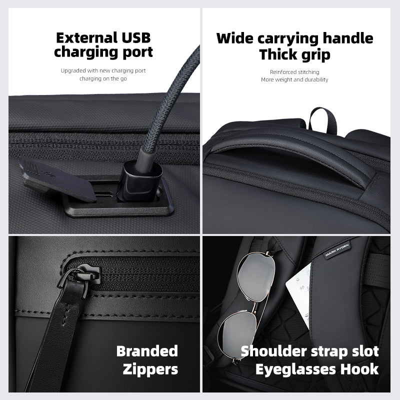Mark Ryden Global UrbanFlex Lite backpack - black with USB charging port, wide handle, branded zippers, eyeglasses hook