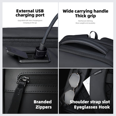 Mark Ryden Global UrbanFlex Lite backpack - black with USB charging port, wide handle, branded zippers, eyeglasses hook