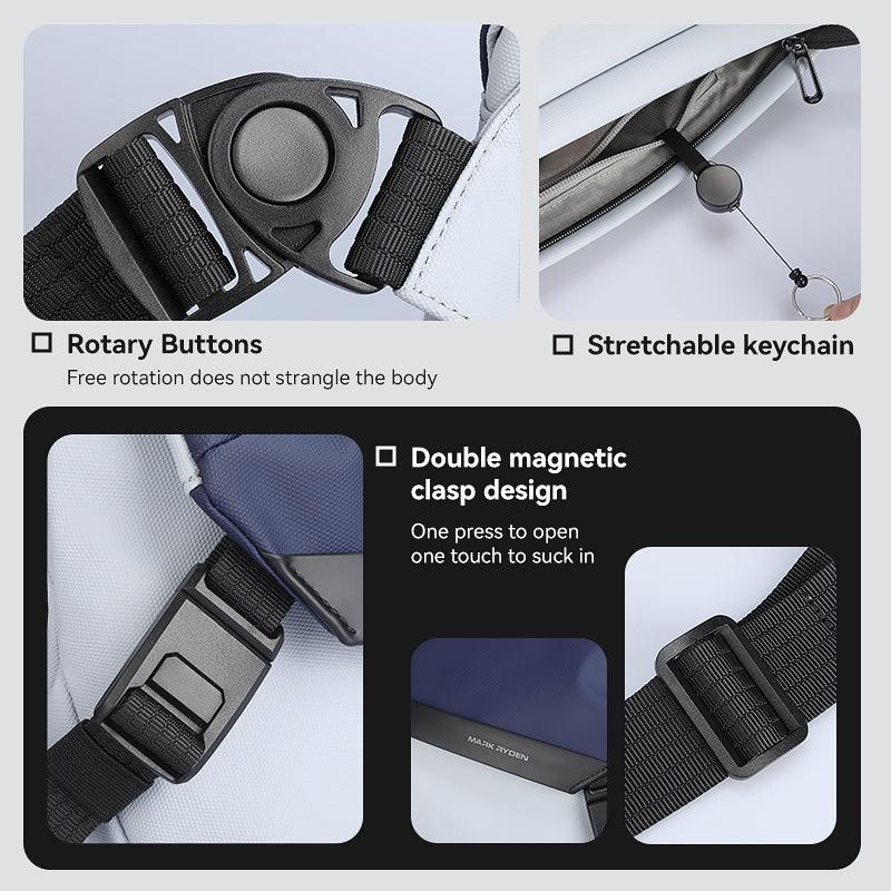 Mark Ryden Youthful Fashionable Messenger Bag with rotary buttons, stretchable keychain, double magnetic clasp, and adjustable straps.