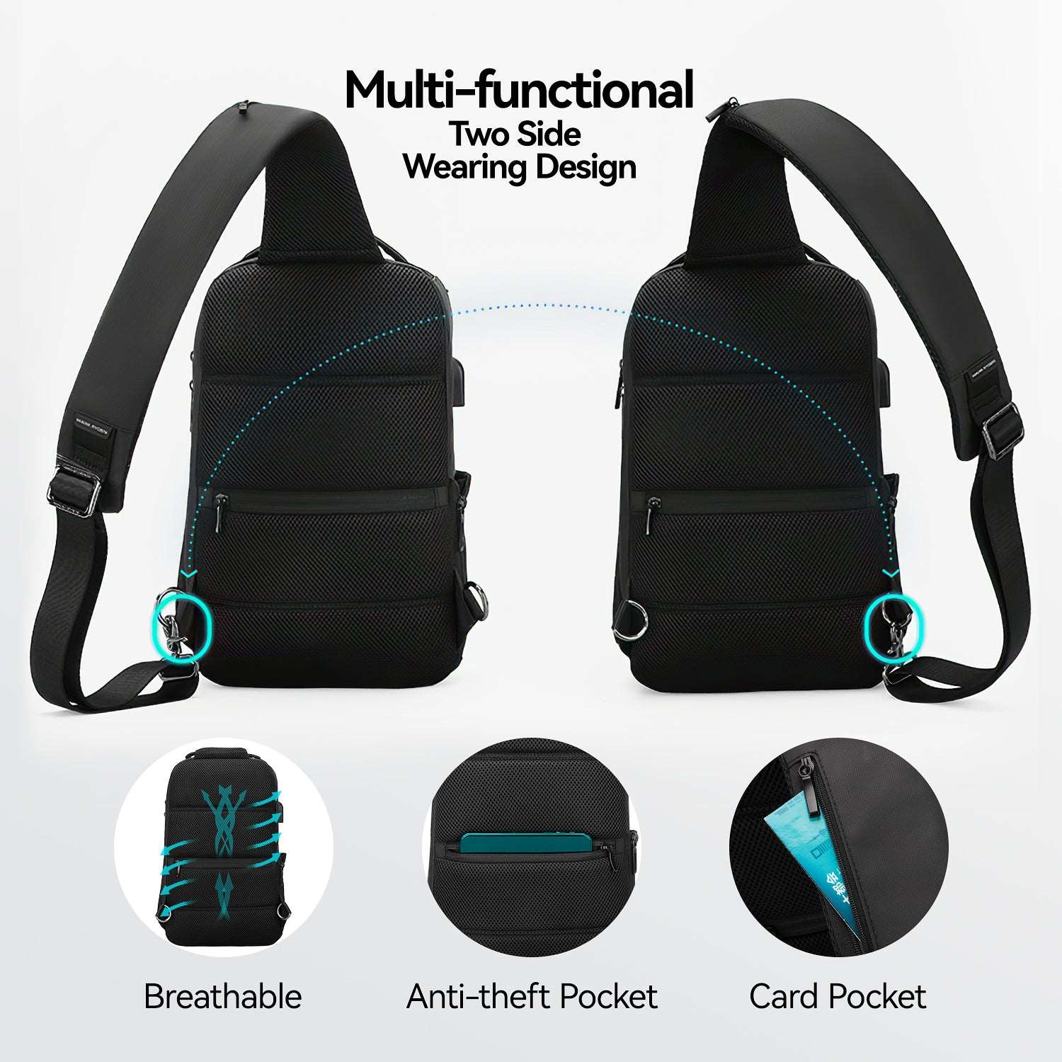 Black Mini Compacto Pro shoulder bag with two-side wearing design, USB port, breathable material, anti-theft pocket, and card pocket.