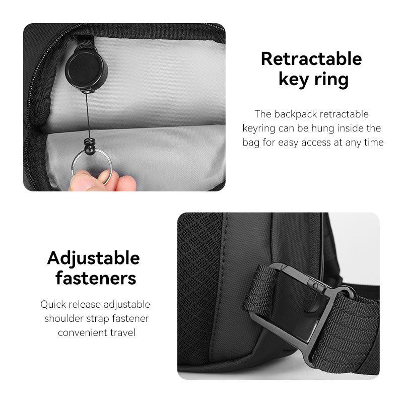 Colonne high-capacity urban commuting daily crossbody bag featuring retractable key ring inside (hand holding metal ring) and adjustable shoulder strap fasteners for convenient travel.