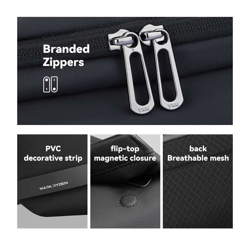 Peiano crossbody bag: black oxford material, branded YKK zippers, magnetic closure