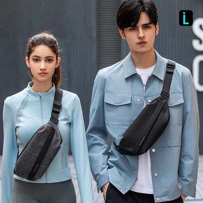Oxford waterproof elegant crossbody bags in black/gray worn by models at MarkRyden Global