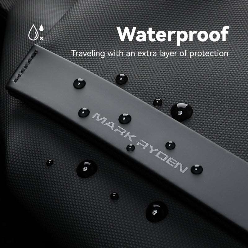 Mark Ryden waterproof oxford crossbody bag strap with water droplets showcasing waterproof feature