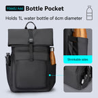 Black minimalist backpack with roll-top closure, bottle pocket holding 1L water bottle, shrinkable sides, and internal pocket for daily commute.