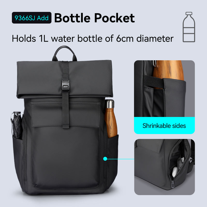 Black minimalist backpack with roll-top closure, bottle pocket holding 1L water bottle, shrinkable sides, and internal pocket for daily commute.