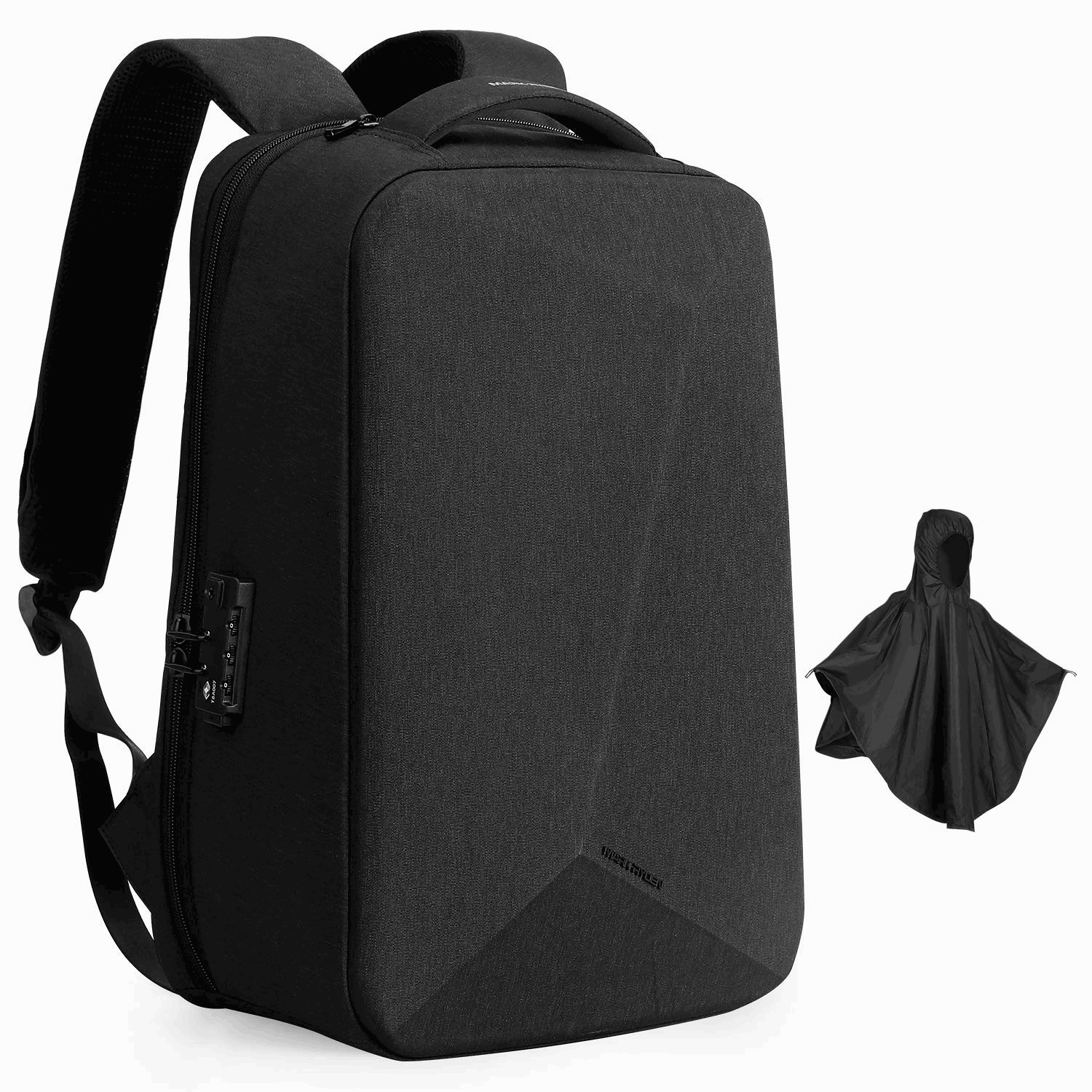 MARK RYDEN Global black diamond-cut hard shell waterproof laptop backpack with rain poncho