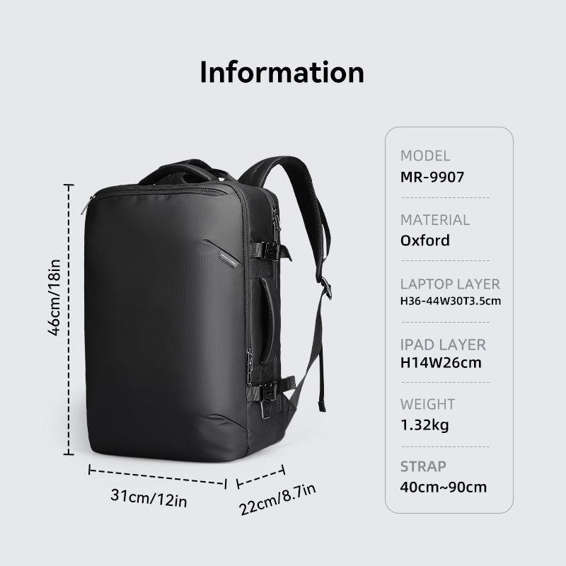 Black Explorer large capacity multi-layer multi-functional backpack from Mark Ryden Global, made of Oxford material with dimensions 46cm/18in height, 31cm/12in width, 22cm/8.7in depth.