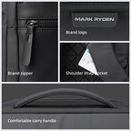 MarkRyden ChargeFlex backpack with zipper, logo, and handle details