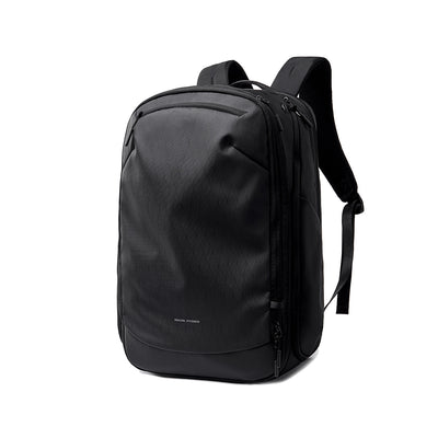 Mark Ryden Globalist black expandable 3-in-1 tech travel backpack with clamshell opening and luggage strap