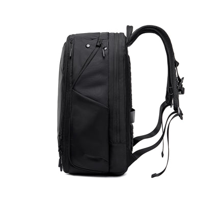 Black Globalist expandable 3-in-1 tech travel backpack featuring multiple zippered compartments, padded shoulder straps, and structured design for organized travel.