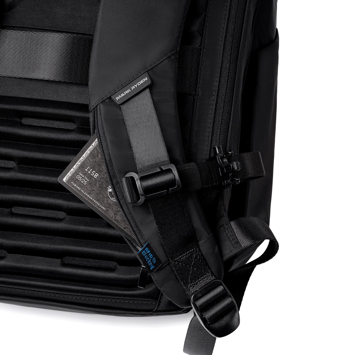 Mark Ryden Globalist black expandable tech backpack with RFID blocking detail