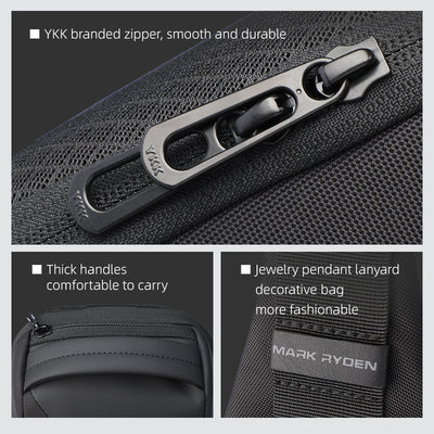 MARKRYDEN ChargeSling Black crossbody bag with YKK branded zipper, thick handles