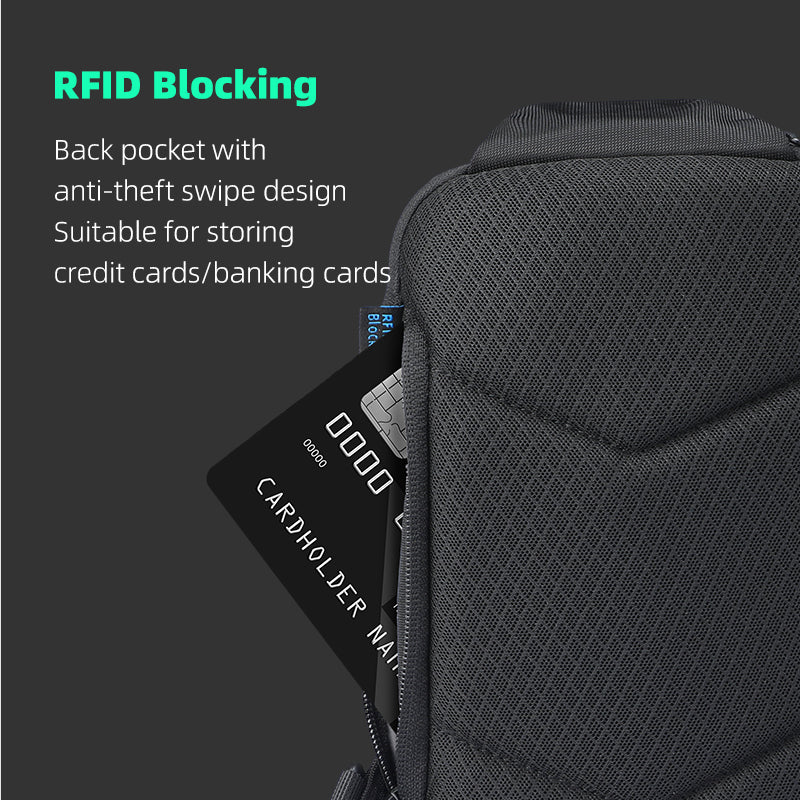 MARKRYDEN ChargeSling Black crossbody bag with an open back pocket displaying an anti-theft swipe card