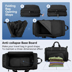 Deformable I Large-Capacity Travel Gym Handbag in black, featuring folding steps 1-4 and anti-collapse base board for travel and gym use.