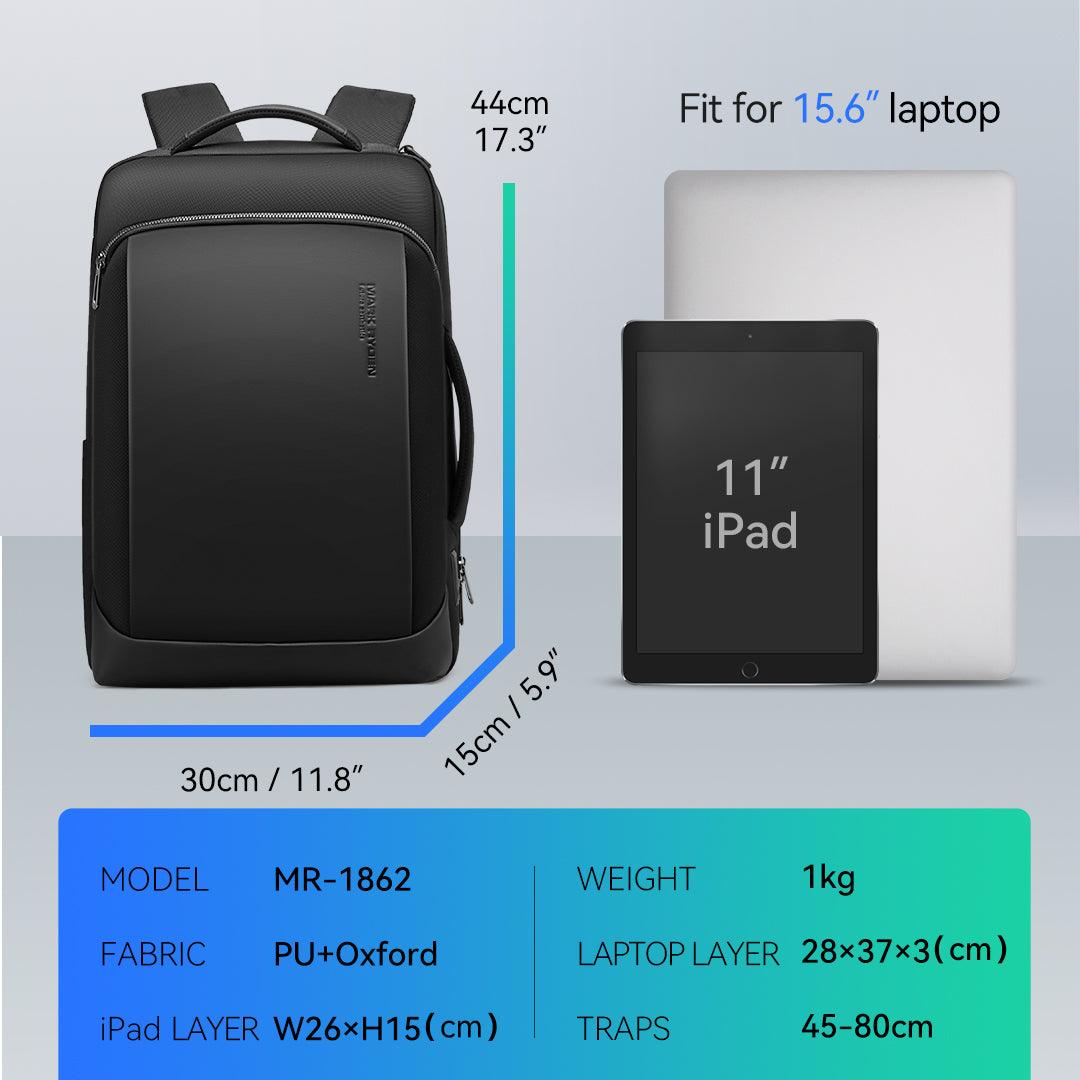 MarkRyden Global black detachable business backpack, fits 15.6" laptop & 11" iPad, PU+Oxford material