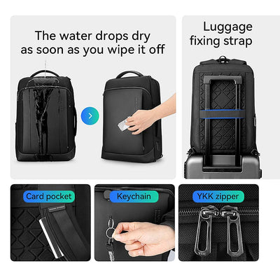 Mark Ryden Global black waterproof business backpack with luggage strap, card pocket, keychain, YKK zipper
