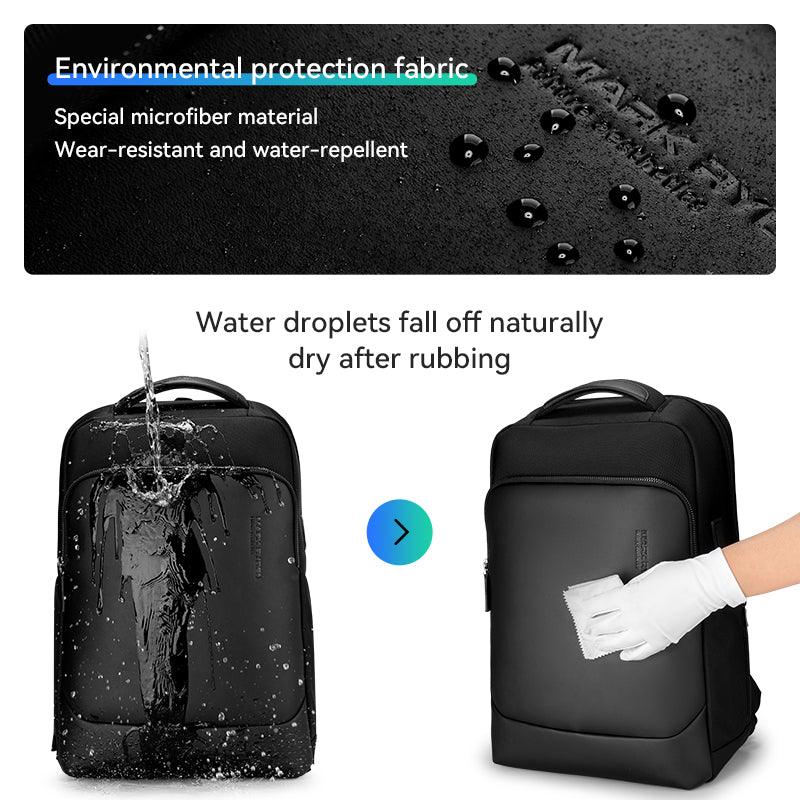 Black LeatherLux premium multi-feature backpack with water-repellent microfiber fabric, showing water beading off and easy cleaning with a cloth.