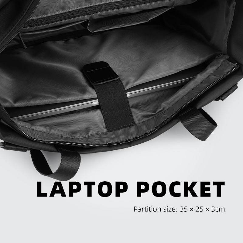 MarkRyden Global black tech-integrated messenger bag with dedicated laptop pocket