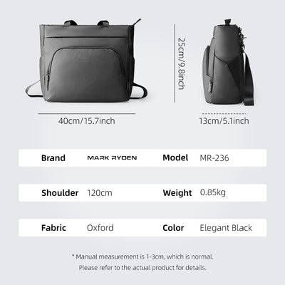 Elegant Black Mark Ryden MetroCourier messenger bag with tech-integrated design, dedicated charger compartment, Oxford fabric, front and side views with dimensions.